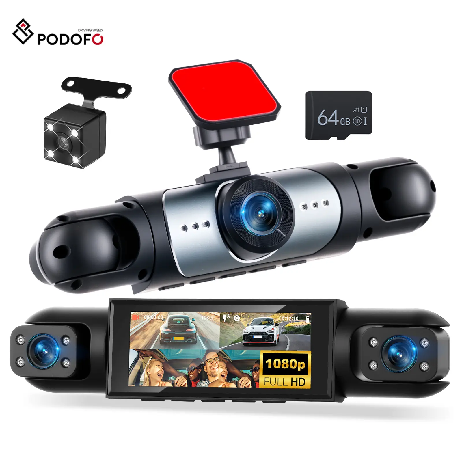 SummerVibes 4-Channel 1080P Car Dash Cam with 64GB Memory Card, HD Screen, Night Vision, 24/7 Parking Mode, Front Rear Left Right Car Video Surveillance DVR, Dashcam fathersdaygift