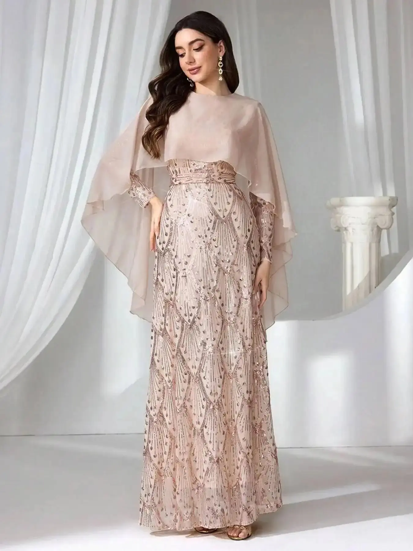 Elegant Blush Sequin Evening Gown with Sheer Long Sleeves, Flattering Waist Design, Perfect for Formal Occasions, Elegant Formal Dress, Embellished Dress, Formal Wear, Soft Material, Trendy Look, Easy Styling