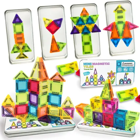 Mini Magnetic Tiles Travel Set with Iron Storage Box, one box (24/36PCS) Magnetic Construction Set, Magnetic Creative Building Block Sets - Portable STEM Building Blocks for Kids 3-8, Educational Magnet Toys for Airplane, Car Rides & On-The-Go Play