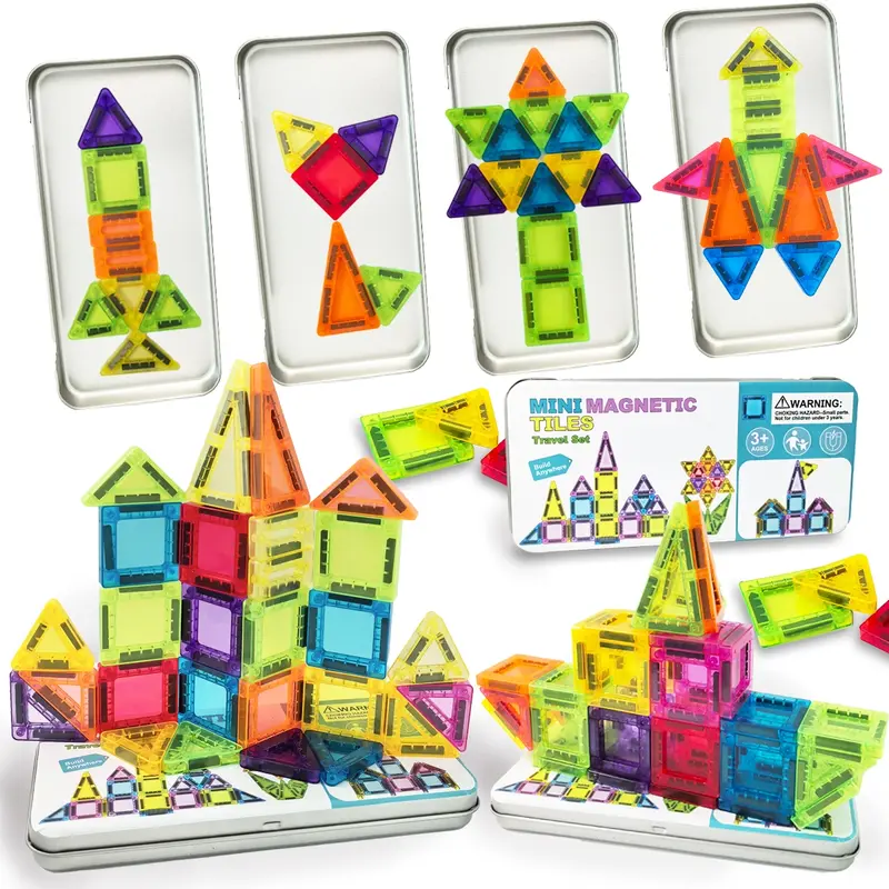 Mini Magnetic Tiles Travel Set with Iron Storage Box, one box (24/36PCS) Magnetic Construction Set, Magnetic Creative Building Block Sets - Portable STEM Building Blocks for Kids 3-8, Educational Magnet Toys for Airplane, Car Rides & On-The-Go Play