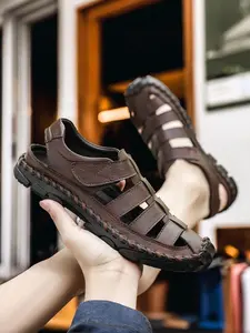 Men's Fashion Summer Breathable Open-Toe Sandals, Genuine Leather Hand-Stitched Cool Shoes, Middle-Aged Dad Hollow-Out Slippers, Footwear Sandal