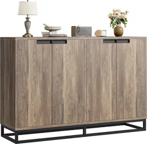 55 Inch Modern Farmhouse Gray Buffet Storage Cabinet with 4 Doors, Adjustable Shelves, and Black Metal Handles