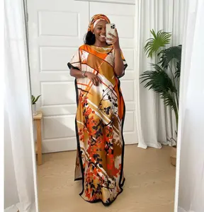 Warm Orange Floral & Geometric Kaftan Set Elegant Fall Floral Print Bubu Dress & Headwrap  Silky Smooth Flowy Dress for Resort or Lounge