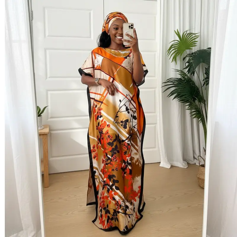 Women's Casual Warm Orange Bold Floral Geo 2-Piece Chiffon Kaftan Set - Silky Smooth Flowy Bubu Dress + Wrap, Short Flutter Sleeves, Cowl Neck, Elegant Fall Resort Boho Beach Wear Summer Kaftan Style