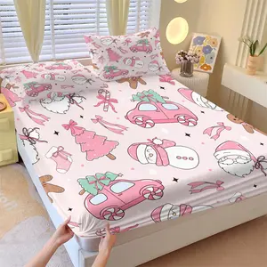 Pink Christmas Theme Fitted Sheet Set, 1 Fitted Sheet and 2 Pillowcases, Playful Snowman and Christmas Tree Patterns, Soft Breathable Fabric, Holiday Bedroom Decoration or Gift