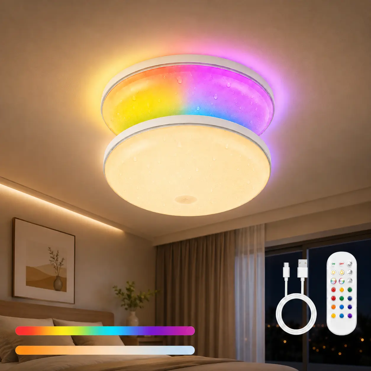 2-Pack Magnetic RGB Ceiling Lights,Rechargeable Wireless Battery-Operated IP66 Waterproof LED Ceiling Lights with Remote Control for Shower, Bathroom, Closet, Pantry, Hallway, Porch, Garage, Indoor Home Lighting