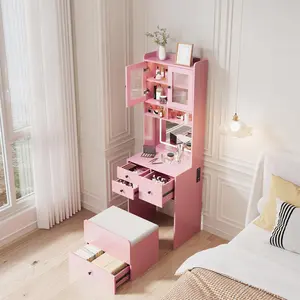 3-in-1 Make Up Vanity Desk with Mirror & Lights, Compact Vanity Table with Drawers, Storage Compartment and Rolling Stool, Modern Small Makeup Vanity and Storage Chair for Bedroom, Powder Room