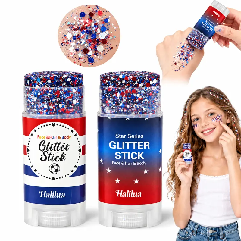 Red White and Blue Face Body Glitter Stick, 4th of July Patriotic Accessories Hair Glitter, Shimmery & Long Lasting Face and Body Paint for Festival Makeup Concert Party, Holographic Long Lasting Chunky Sequins