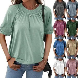 Goranbon Women's Solid Crew Neck T Shirt Blouse Cotton Half Sleeve Short Sleeve Casual Loose Pleated Basic Tops