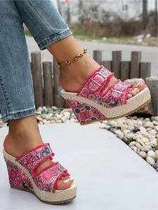 Boho Floral Print Wedge Sandals, Women's Adjustable Buckle Espadrille Platform Slides3-Color Ethnic Pattern Fringe Trim Wedge Slides, Open Toe Slip-On Summer Shoes