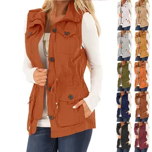Danedvi Lady's Comfy Cotton Plaid Cargo Vest - Breathable Lightweight Sleeveless Drawstring Blouse with Pockets, Button & Zipper-Accented, for Tennis, Leggings Pairing