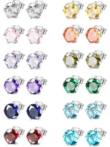 Hypoallergenic Versatile Stud Earrings for Women & Men, Earrings Set, Surgical Stainless Steel Birthstone Earrings, Colorful Cubic Zirconia Small Stud Posts for Sensitive Ears