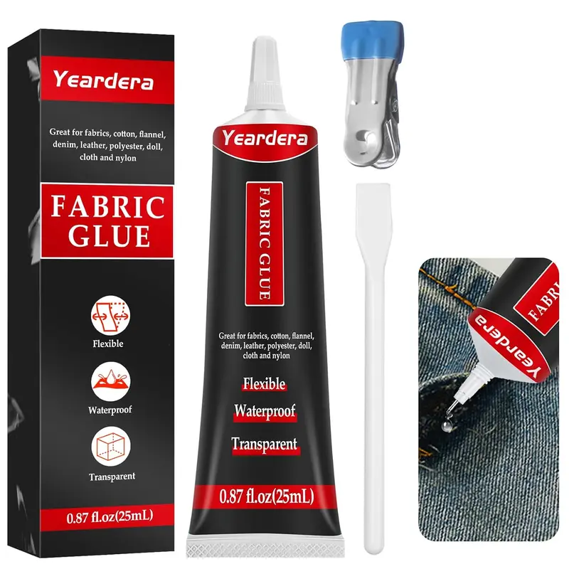 Fabric Glue, Permanent, Clear, Washable Adhesive for Clothing, Patches, Leather, Cotton, Denim, Polyester, Flannel, and All Fabrics (Fabric Glue 25ml)