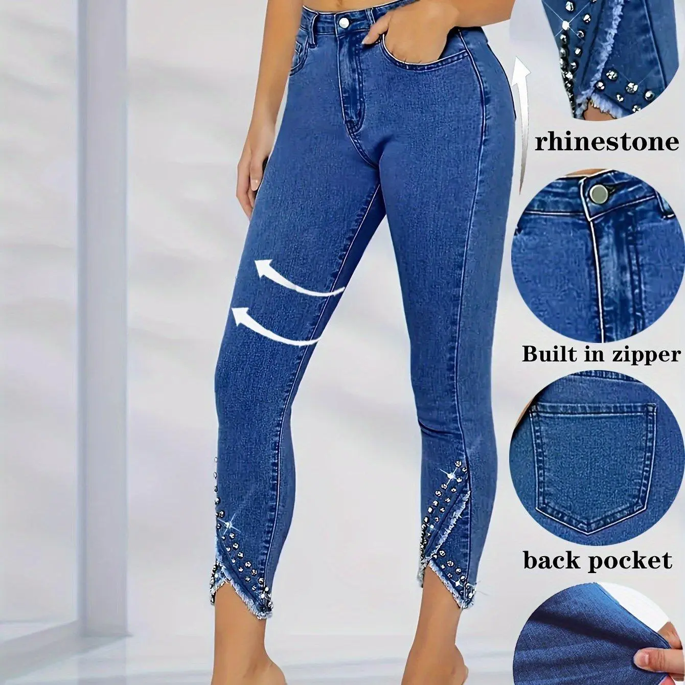 2025 New Women's High Waist Casual Slim Fit Versatile Bling Rhinestone Skinny Jeans