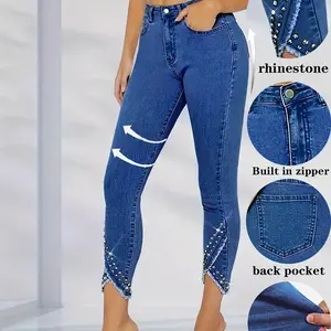 2025 New Women's High Waist Casual Slim Fit Versatile Bling Rhinestone Skinny Jeans
