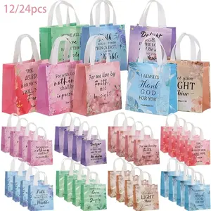 12/24pcs Christian Gift Bags,Reusable Flower Religious Bible Verse Tote with Handles Non Woven Scripture Pastor Blessing Gift for Baptism Church Wedding Favors