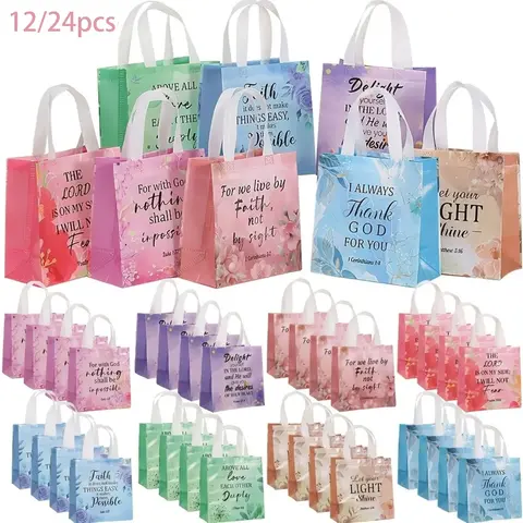 12/24pcs Christian Floral Gift Bags,Reusable Flower Religious Bible Verse Tote with Handles Non Woven Scripture Pastor Blessing Gift for Baptism Church Wedding Favors Faith Based Gift Goodie Bags