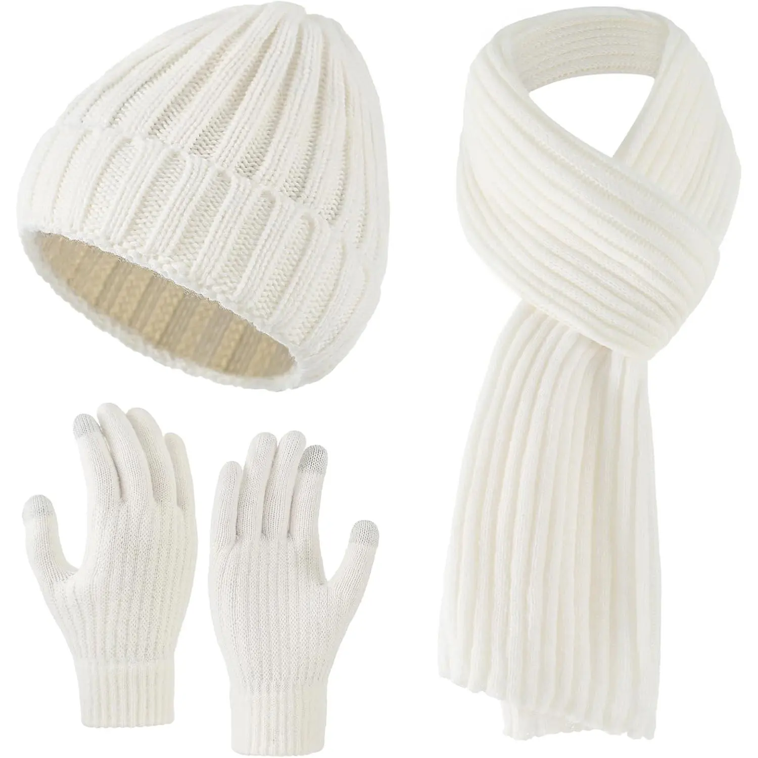 Unisex 3-Piece Winter Sports & Outdoor Accessory Set - High-Quality Fiber Fleece-Lined Acrylic Beanie, Scarf & Touchscreen Gloves, Vertical Striped Knit, Small Face Effect, Elastic, Snug, Fold-Over Cuff, Machine Washable, OneSize