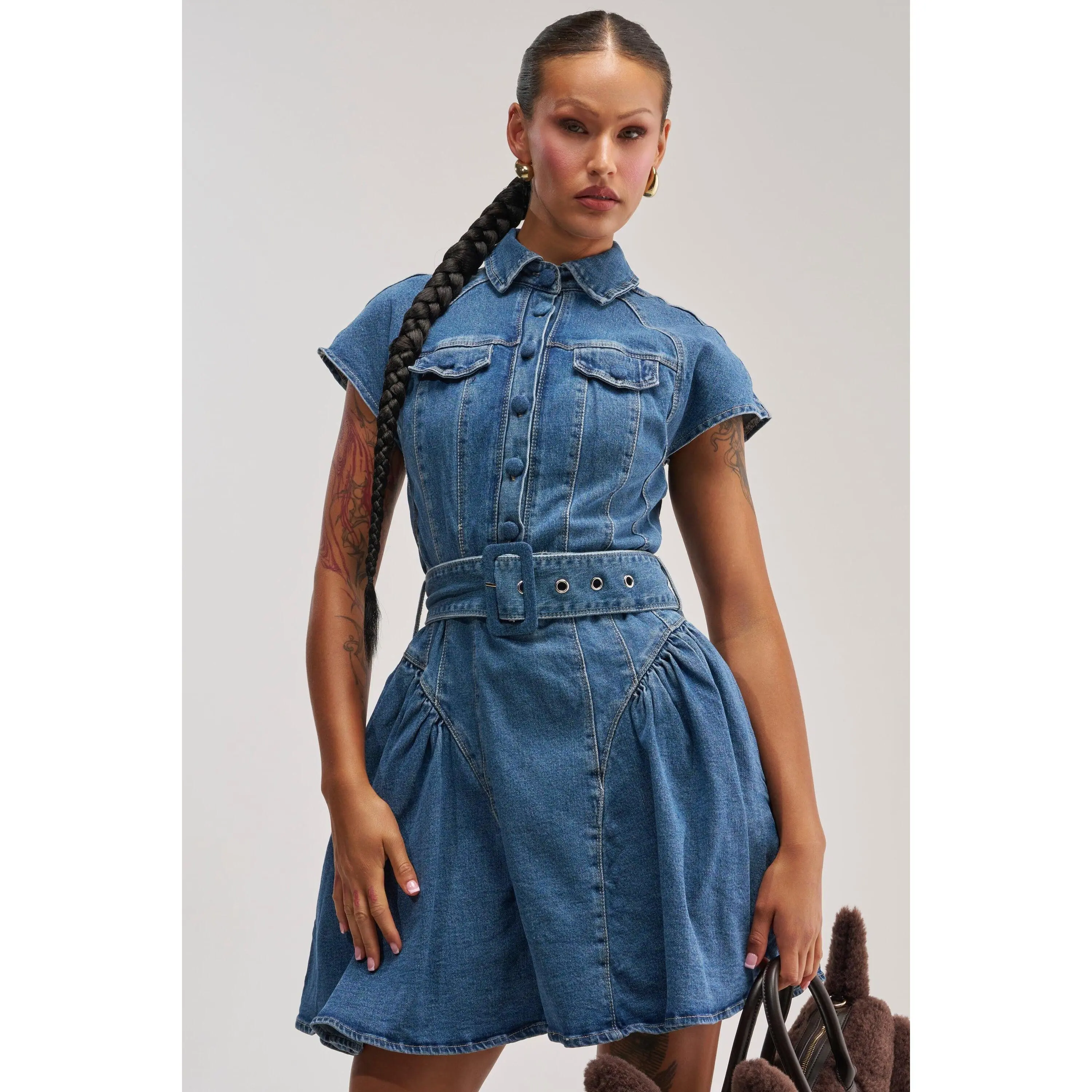 SADIE BUTTON UP DENIM MINI DRESS IN MEDIUM WASH DENIM