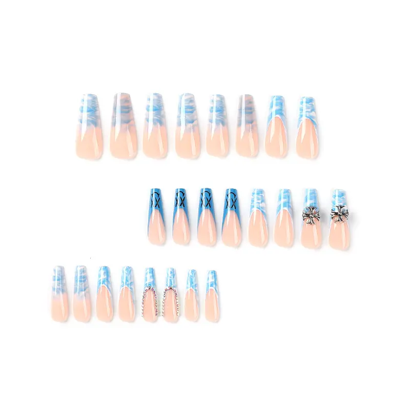 Blue Marble Press-On Nails - Long Coffin Fake Nails with Gothic Charms & Smiley Face Accents, Includes 24 Nails & Glue, Perfect for Gothic Style