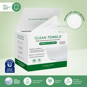 Clean Skin Club Clean Towels® XL Sensitive Skin | Ultra-Soft Disposable Face Towel Infused with Aloe & Glycerin | Dermatologist-Approved, Single-Use Towelette for Sensitive & Reactive Skin, 50 count