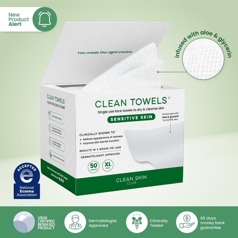 Clean Skin Club Clean Towels® XL Sensitive Skin | Ultra-Soft Disposable Face Towel Infused with Aloe & Glycerin | Dermatologist-Approved, Single-Use Towelette for Sensitive & Reactive Skin, 50 count