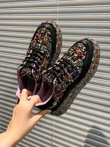 Full Diamond Thick Sole Sport Casual Shoes, Unique Design Handmade Embellished Luxury Thong Dad Sneakers, Party Banquet Multi-Scene Cool Women's Shoes