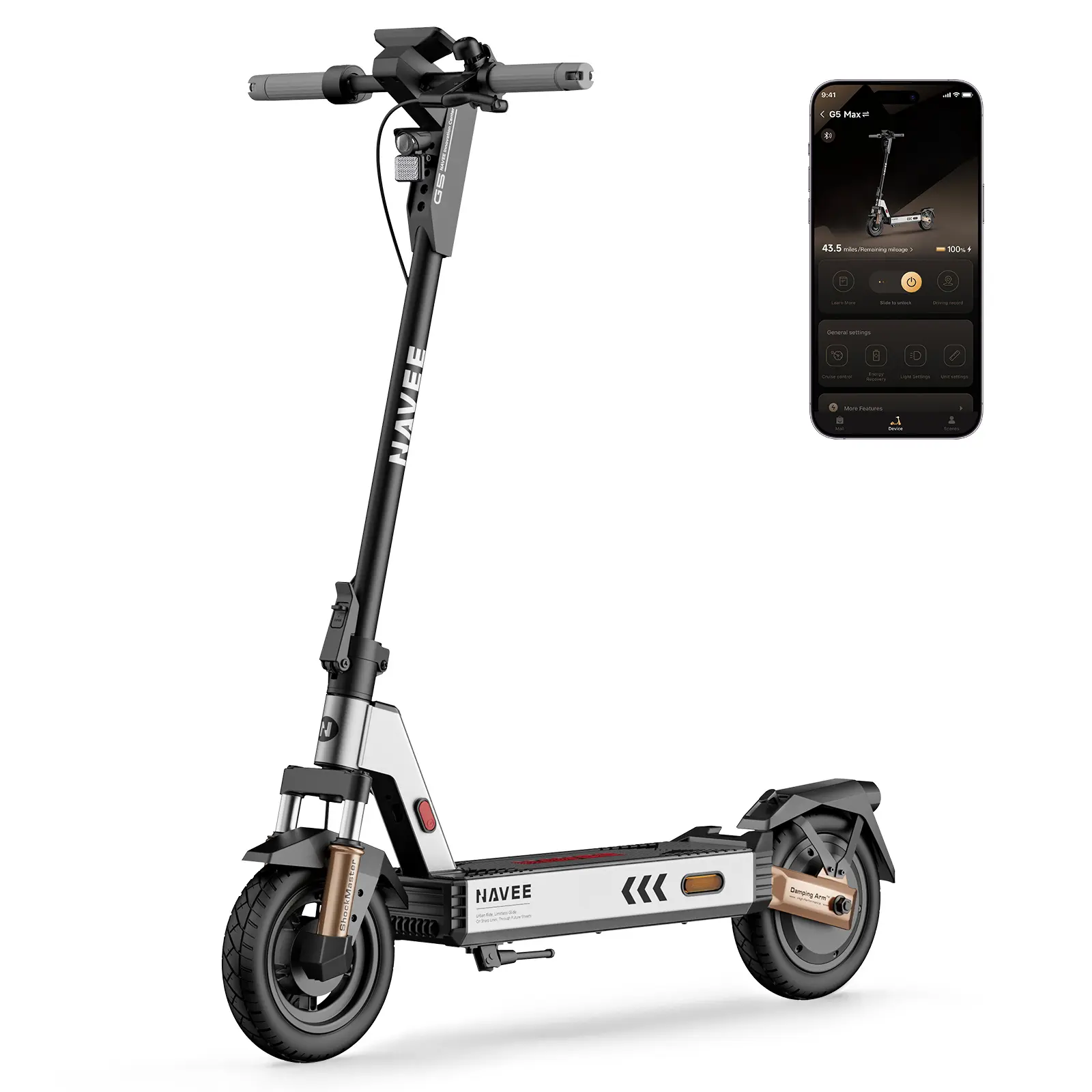 NAVEE G5 Max Electric Scooter, 1000W Peak Motor, 20 mph Fast Speed, 43 Miles Range, 10" All-Terrain Solid Tires