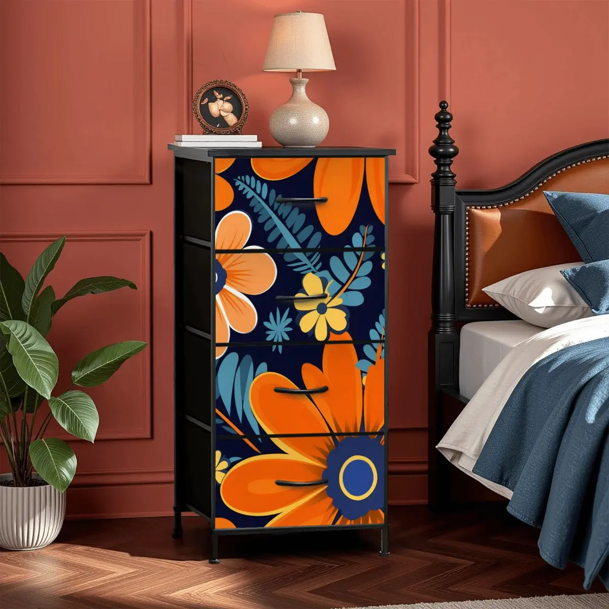 Bohemian Floral Navy Blue, Orange, Retro 4-Drawer Dresser