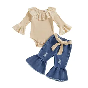 Toddler Baby Girl Fall Winter Clothes Bell Bottom Denim Outfit Solid Ribbed Romper Flare Jean With Headband 3Pcs Set