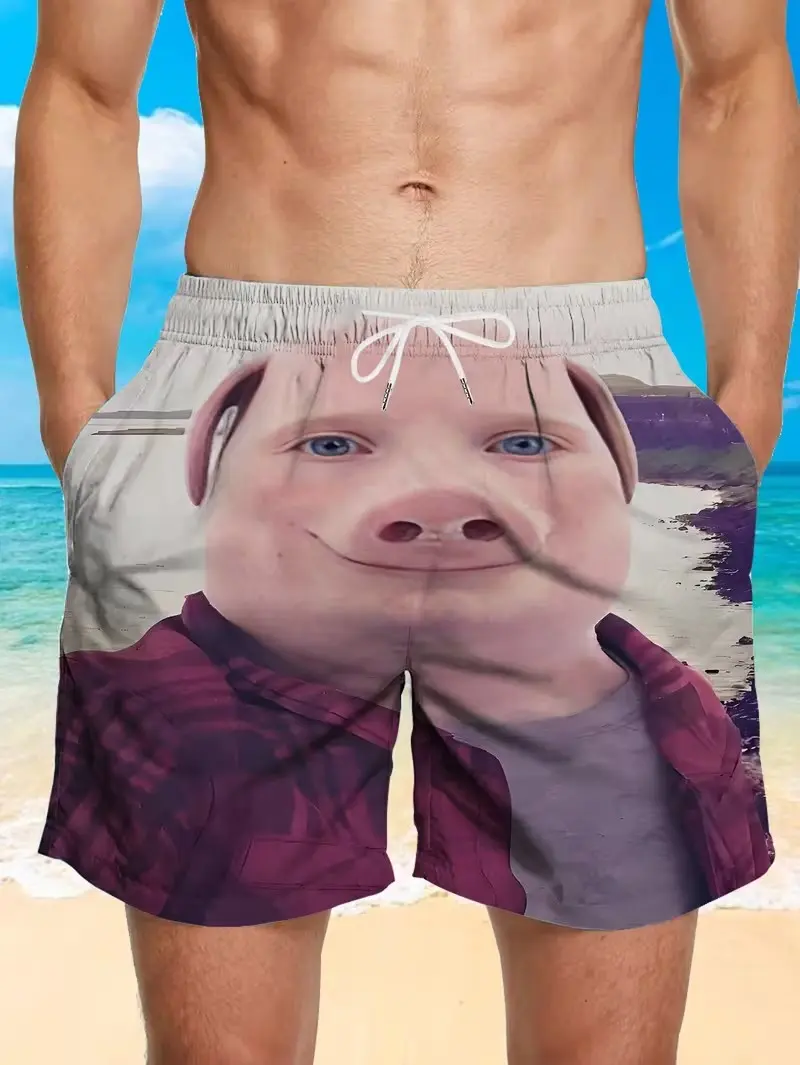 John Pork Men's Adjustable Drawstring Beach Swim Trunks, Quick-Dry Casual Printed Style with Pockets, Adjustable Drawstring Men's Beach Shorts, Abbreviated Shorter Men's Beach Shorts