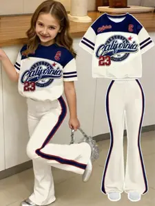 Girls' Loose Fit Round Neck Short Sleeve T-Shirt Set, Vintage American College Style, Perfect for Spring & Summer, Festival Wear