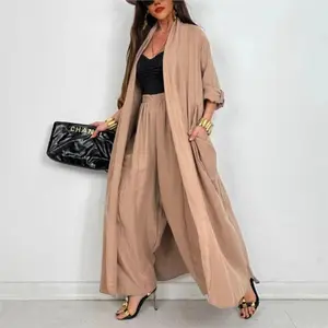 Women Solid Lazy Style 2-Piece Set Cardigan Long Sleeve Shirt+ Wide Leg Pants Suits Elegant Plus Size Woman Clothes Outfits Robe