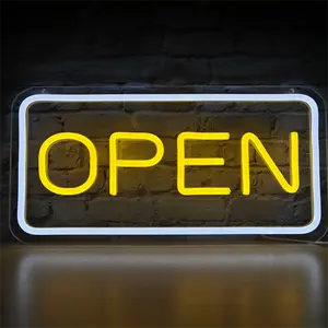 LED Open Neon Sign for Wall Decor, USB Powered Dimmable Business Sign for Restaurant Bar Shops Cafes Hotel, 14.17*7in, Yellow-White