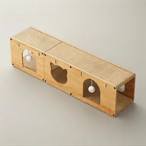 Wall mounted Cat Tunnel Shelf with Cat Face Cutout&Interactive Ball Toy,Durable Wooden Cat Wall Furniture for Climbing&Napping