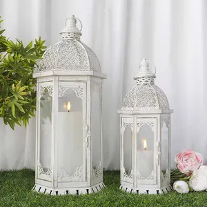 Set of 2 Decorative Candle Lantern 22"&15" H Outdoor Candle Lanterns Vintage Metal Candle Holder for Garden Living Room Indoor Outdoor Parties Weddings Patio Home Decor