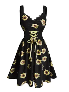 Sunflower Print Patchwork Waist V-Neck Dress, Vintage Lace V-Neck Floral Print Dress, Elegant Vacation Daily Casual Print Dress, Womenswear Lady Fit