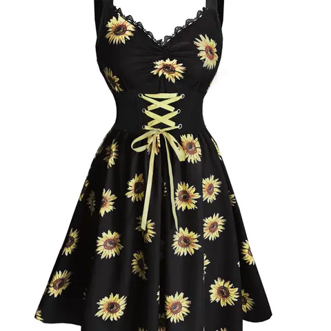 Sunflower Print Patchwork Waist V-Neck Dress, Vintage Lace V-Neck Floral Print Dress, Elegant Vacation Summer Daily Casual Print Dress, Womenswear Lady Fit, Casual Floral Dresses