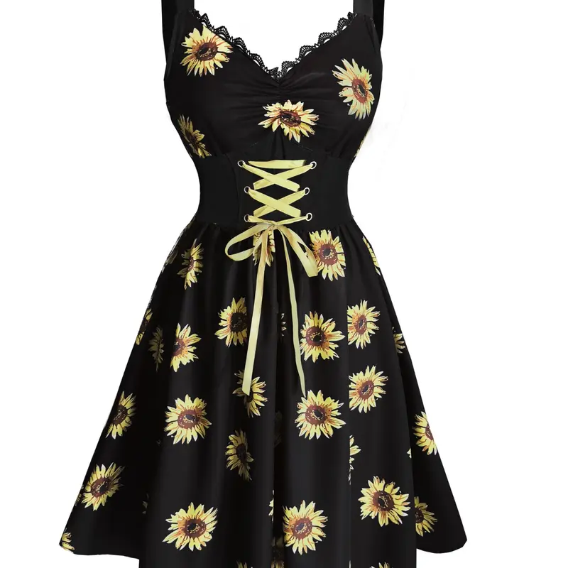 Sunflower Print Patchwork Waist V-Neck Dress, Vintage Lace V-Neck Floral Print Dress, Elegant Vacation Summer Daily Casual Print Dress, Womenswear Lady Fit, Casual Floral Dresses