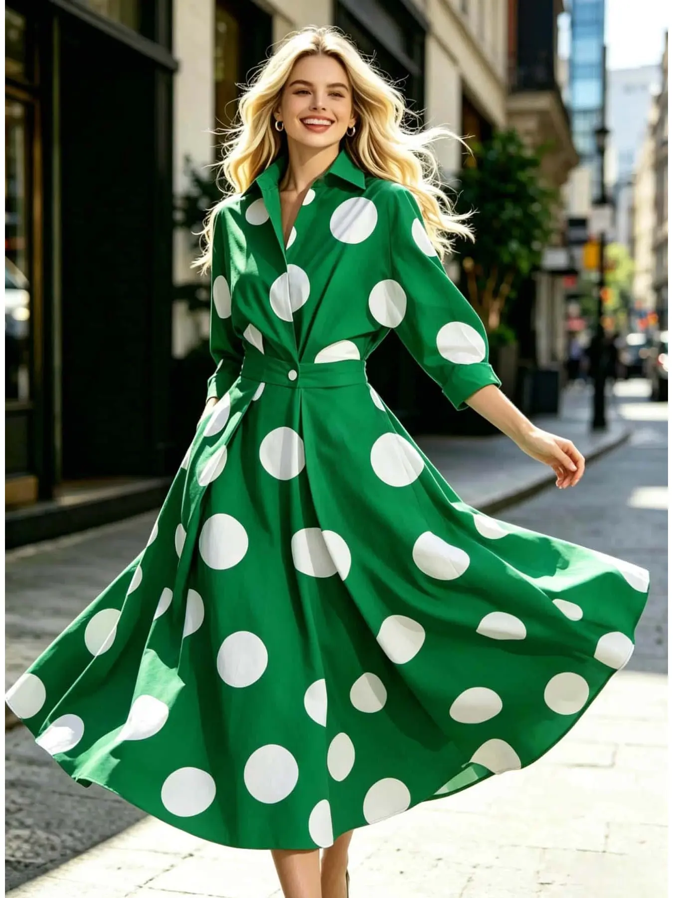 A Casual, stylish, Trendy, chic, elegant women's lapel lined dress with loose waist and slimming mid length skirt, suitable for commuting, vacation, weekends, cafes, city outings, short trips, spring picnics, art museums in all seasons