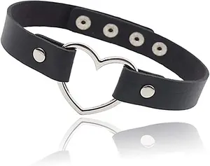 Love Heart Adjustable Leather Choker Punk PU Necklace Goth Choker Soft Collar Chain for Women Girls