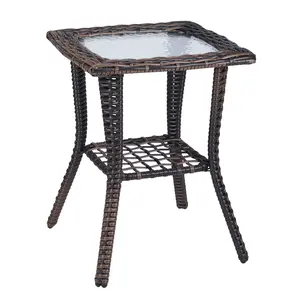 Rattan Outdoor Side Table with Tempered Glass Top, Wicker End Table for Patio, Garden, Porch, Balcony