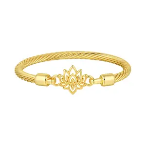 Aprilery Lotus Cable Bangle – Golden Twisted Cuff Bracelet with Lotus Symbol of Rebirth and Resilience
