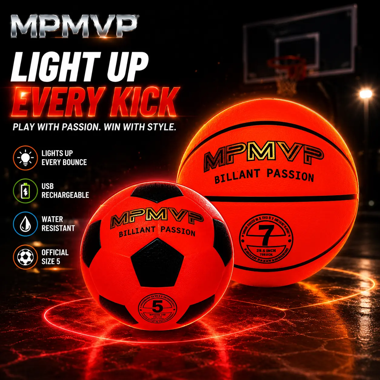Glow Basketball & Soccer Ball Combo Set – Size 7 Light Up Basketball + Size 5 Rubber Soccer Ball with USB Charging Cable & Air Pump – Night Game Sports Gift for Kids, Teens, Adults