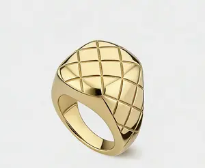 Tewiky Women's 14K Gold Plated Rhombus Grid Square Signet Ring - Minimalist Quilted Chunky Statement Band, Hypoallergenic Stackable Fine Jewelry for Daily Commute, Party summerwins