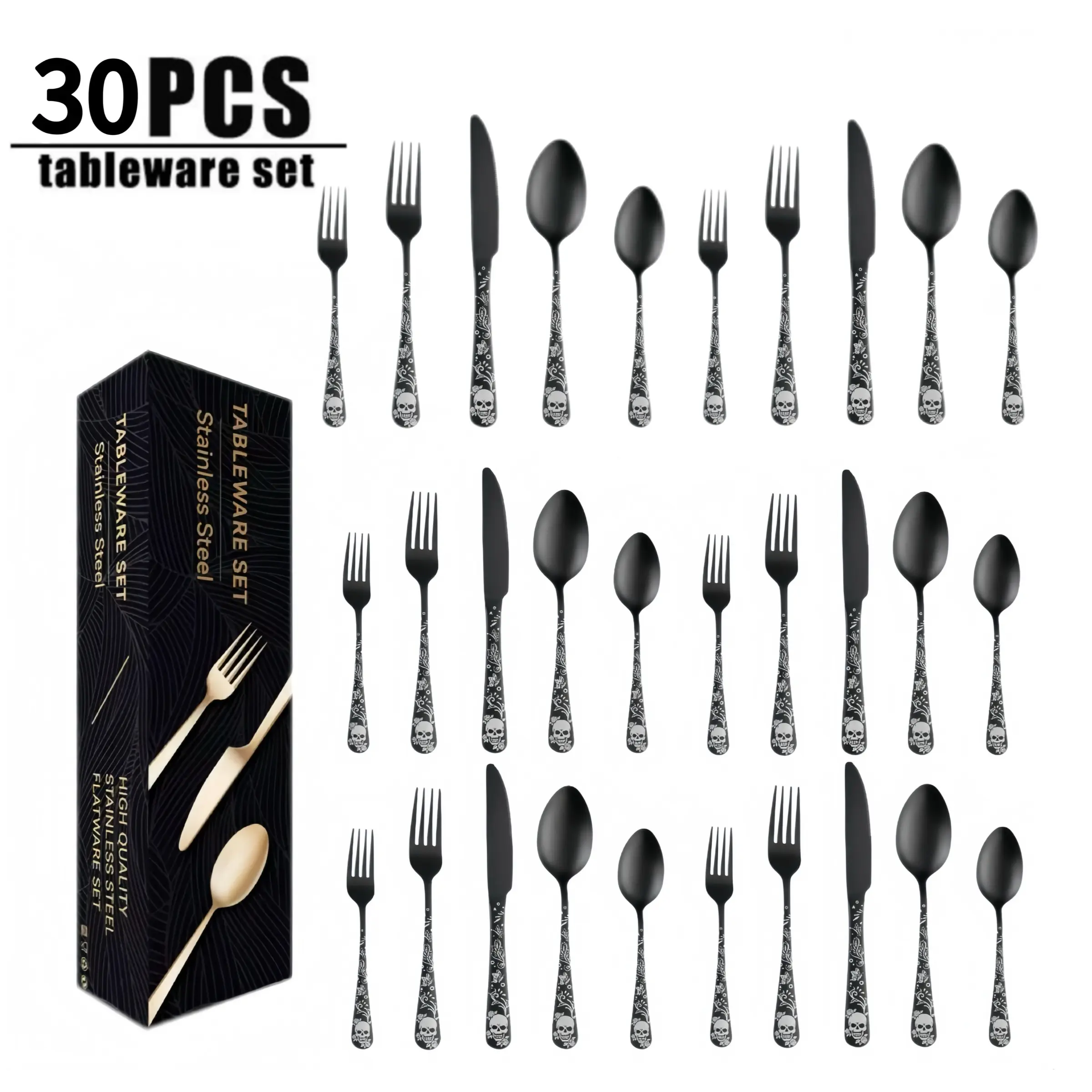 30-Piece Halloween Skull Pattern Silverware Set, Dinnerware Service Set, Stainless Steel Cutlery Set, Dishwasher Safe, Creative Home Use, Tableware Set, Kitchen Cutlery Set, Cutlery Service Kits, Utensil Set