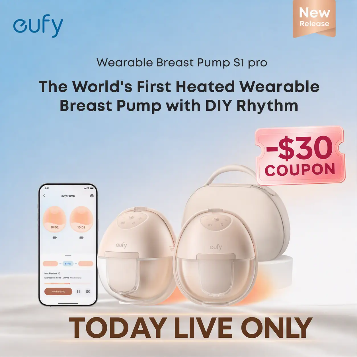 Eufy S1 Pro Heated Wearable Breastfeeding Pump, Hands-Free Pumping with Industry-Leading HeatFlow Tech, App-Controlled OptiRhythm, Hospital-Grade Suction, Leakproof, Slim, Ultra-Quiet for In-Bra Use, 30% More Output, Ideal for Workdays & Weekend Travel