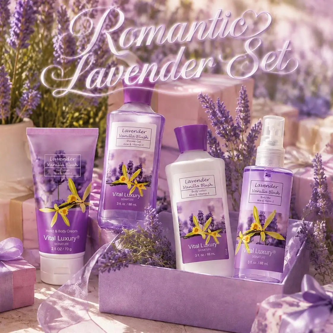 Lavender Vanilla Bath & Body Mini Set with Aloe - 3oz Shower Gel, Lotion, Mist, 2.5oz Cream - Calming On-the-Go Cleansing & Fragrance Kit, Ideal Mother's Day Gift for Mom