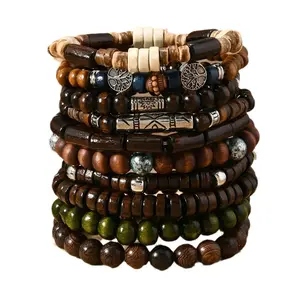 Retro Style Tree of Life Coconut Shell Multi-layer Elastic Cord Wooden Beads Hand-woven 10-piece Bracelet Set day gift