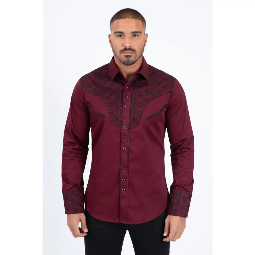 Platini Men's Cotton Burgundy Embroidery Western Shirt